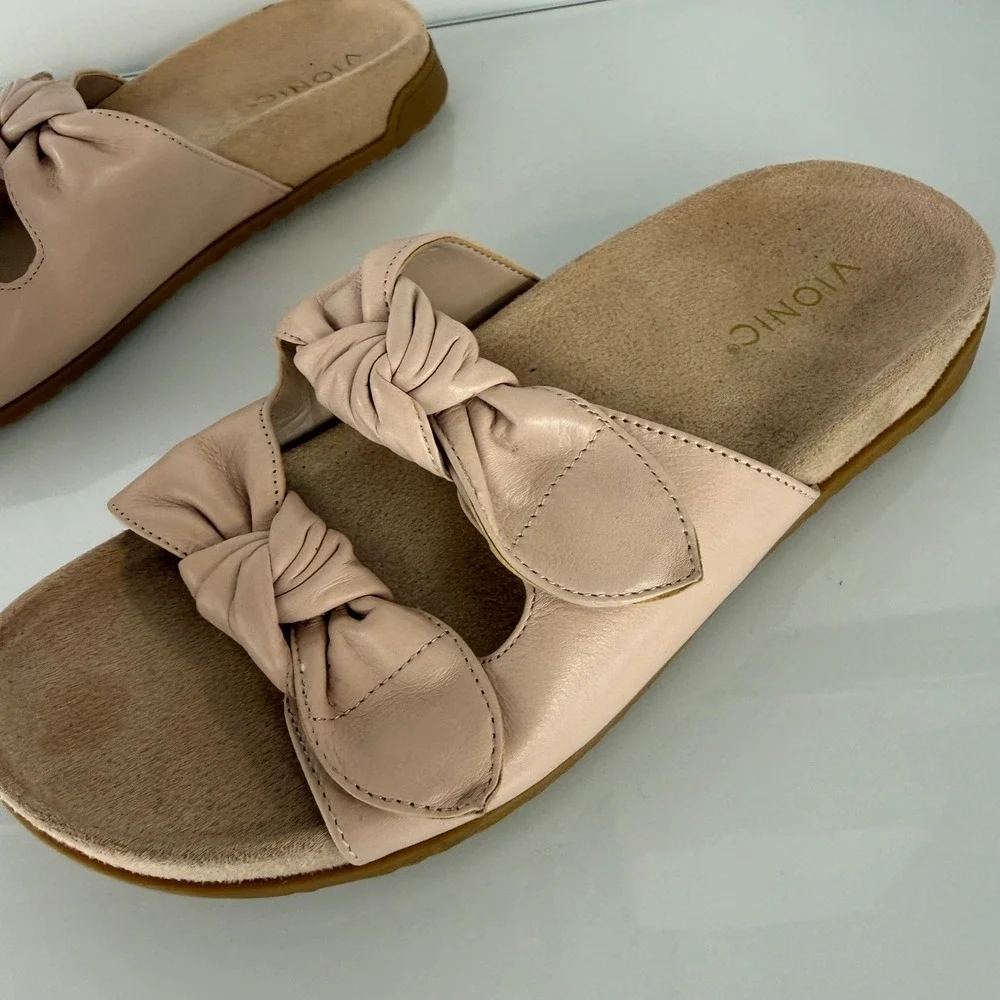 Vionic Elara Slide Sandals Womens 8.5 Pink Leather Knotted Adjustable Straps